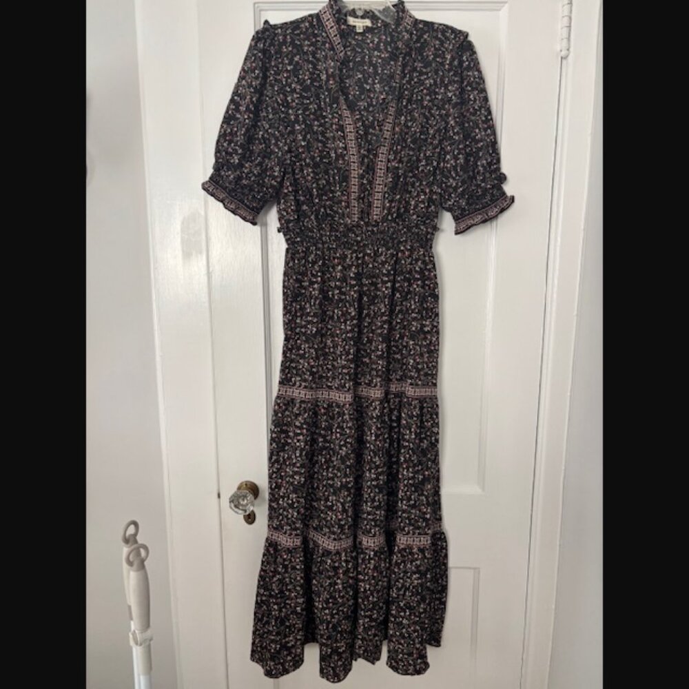 Max Studio Mixed Print Smock Trim Maxi Dress